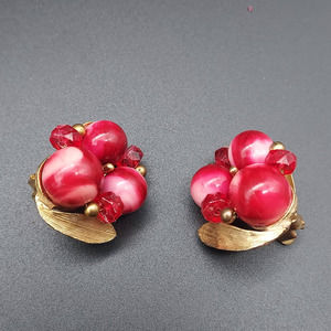 Red BeauJewels Clip On Earrings Beaded Red Pink Swirl Cluster Earrings Costume